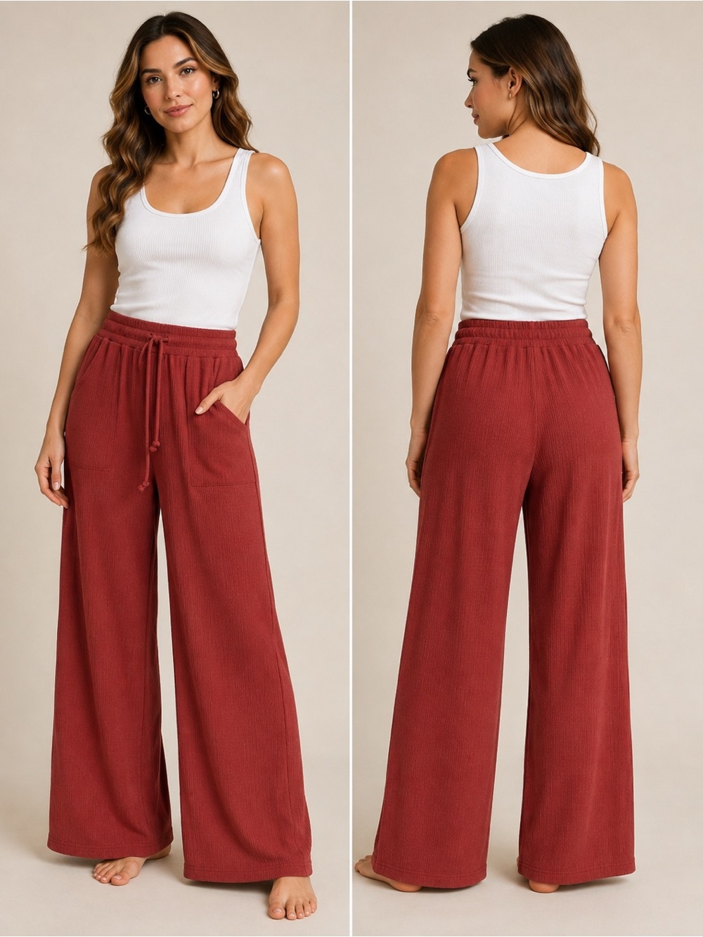 Lost + Wander Terracotta Ribbed Wide Leg Pants Drawstring NWT